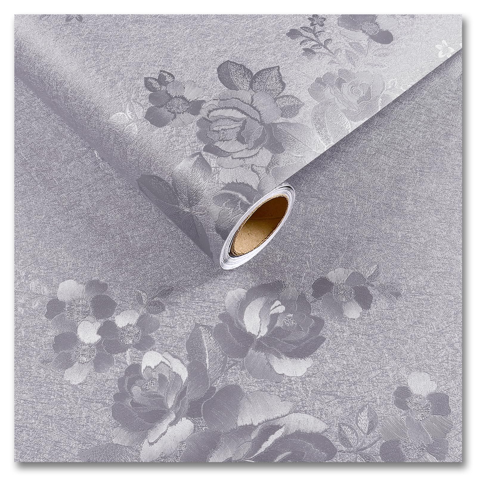 CRE8TIVE Silver Grey Wallpaper Peel and Stick Textured Wallpaper Floral Grey Contact Paper for Countertops Waterproof 12"x80" Self Adhesive Silk
