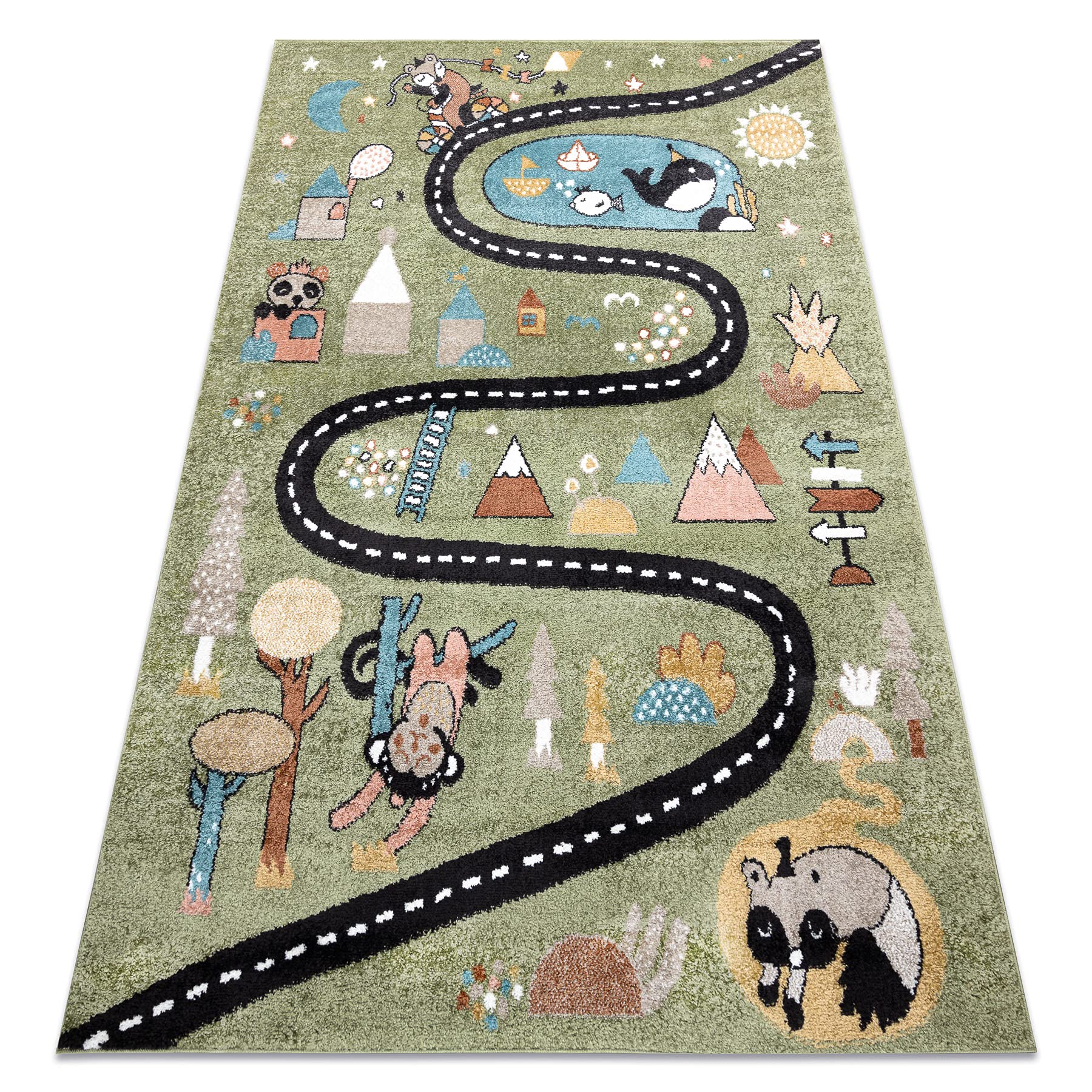 Dywan Fun Route dla dzieci, ulica, zwierzęta zielone 80 x 150 cm zielony