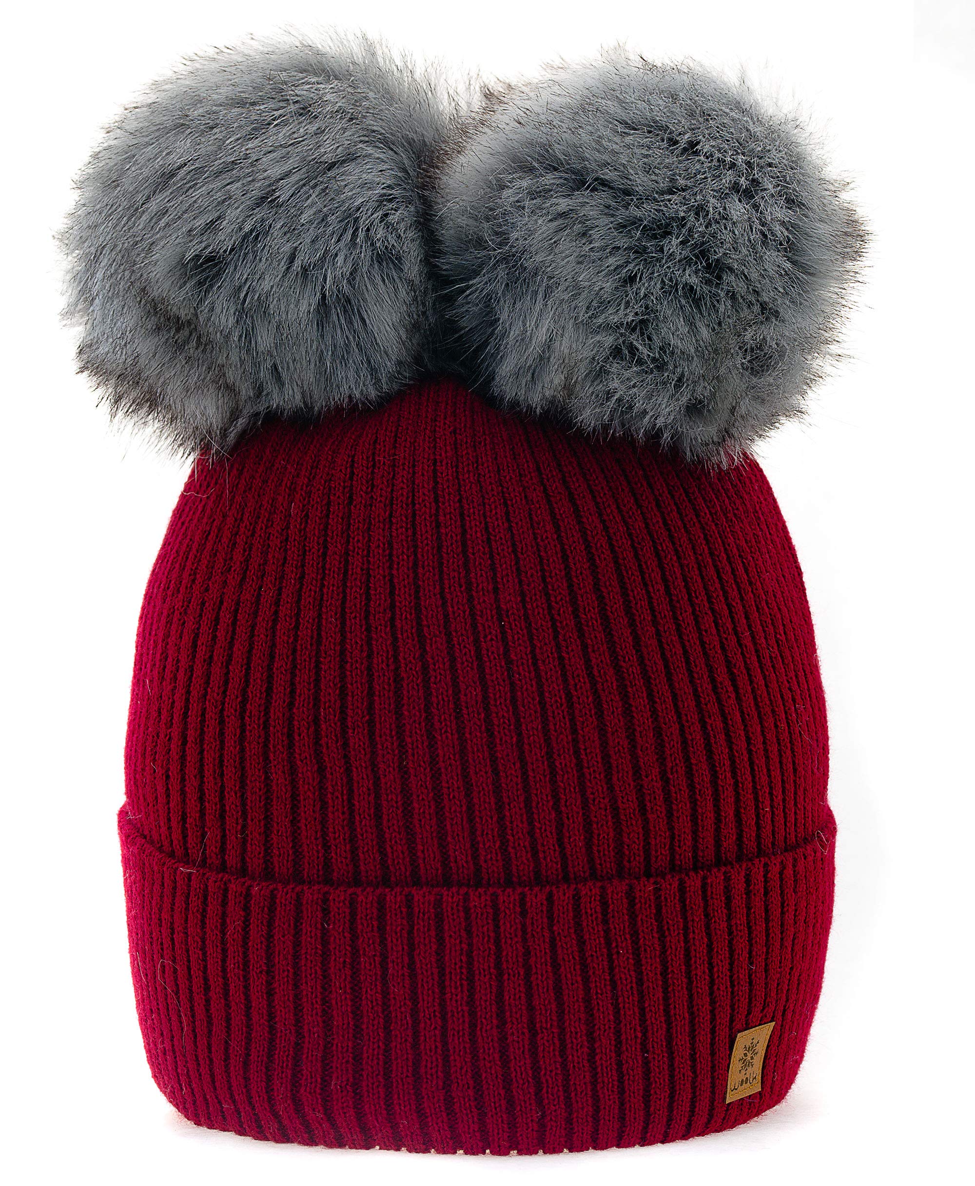 Girls Boy Winter Beanie Hat Knitted Hats Kids Girl With Double Pom Pom Youth Hat MFAZ Morefaz Ltd (Burgundy)