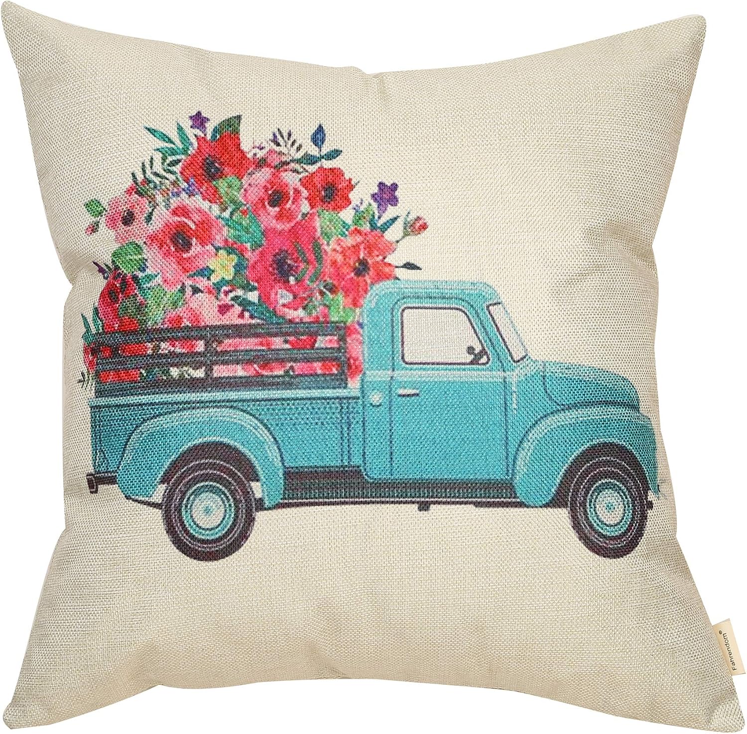 Fahrendom Vintage Floral Truck Retro Farmhouse Decor Spring Summer Flower Sign Decoration Cotton Linen Home Decorative Throw Pillow Case Cushion Cover for Sofa Couch, 18 x 18 in