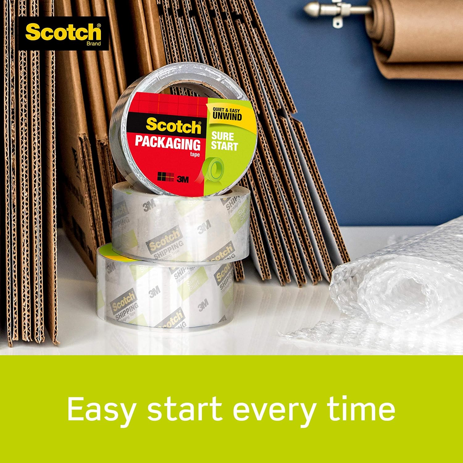 Scotch Sure Start Shipping Packaging Tape, 1.88" x 54.6 yd, Designed for Packing, Shipping and Mailing, No Splitting or Tearing, 3" Core, Clear, 3 Rolls (3450-3) : Packing Tape : Office Products