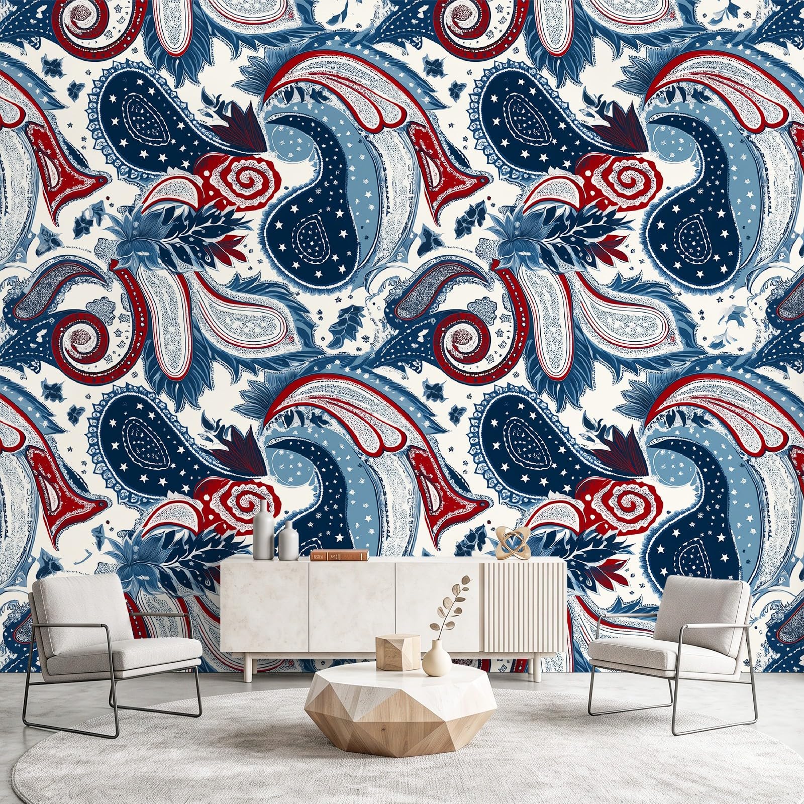 Tapeta na flizelinie w stylu vintage, boho, obraz ścienny, 260 g/m², jakość premium, 250 x 175 cm, tapeta ścienna, Paisley, etno, ornamenty, dekoracja ścienna do sypialni, salonu, jasnoniebieska