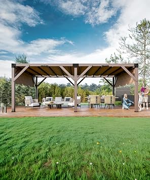 KYBOLT 12 X 20 Ft Wood Pergola with Retractable Sunshade Canopy, Solid Structure, Outdoor Pergola for Backyard, Deck, Garden (Reddish-Brown)