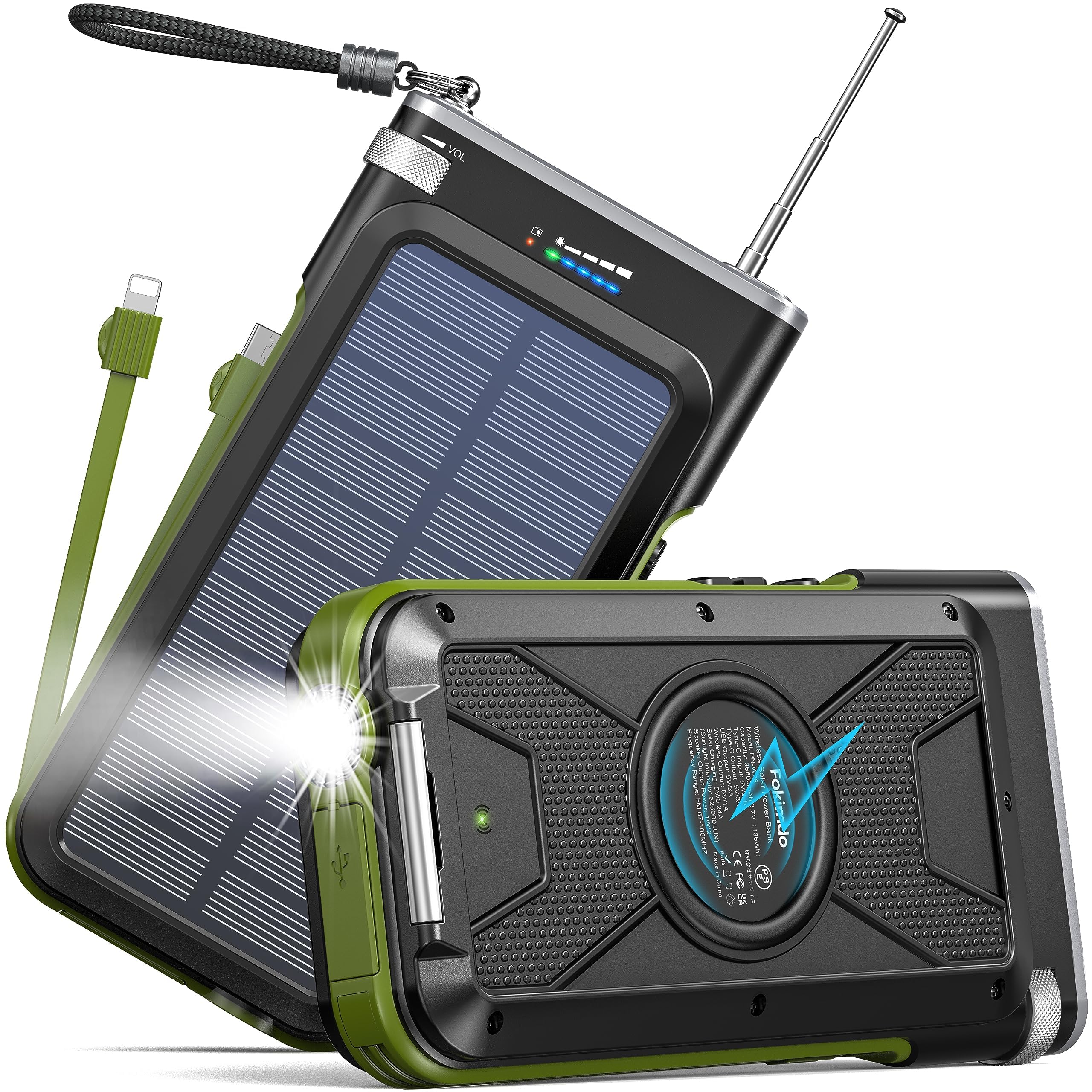 Solar Power Bank 26800mAh, Charging Radio Dual-purpose Solar Charger 3A USB-C (In/Output) Fast Charging, Wireless Charging Built-in Cables with Radio FM, Flashlight for Outdoor Emergency
