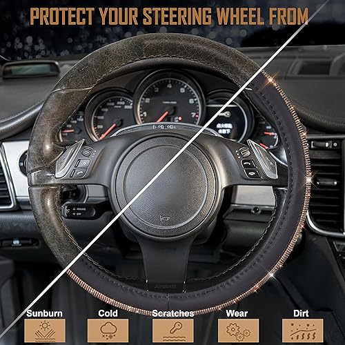 Miniatura 101 de CAR PASS - Funda de volante para mujer, de cuero, con diamantes brillantes de imitación, ajuste universal 14.5-15”, para automóvil, sedán, Diamante