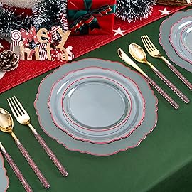 Liacere 150PCS Clear and Red Plastic Plates-Clear Red Disposable Plates with Glitter Bamboo Handle Cutlery-60 Baroque Elegant Plates,30 Forks,30 Spoons,30 Knives for Wedding&Christmas