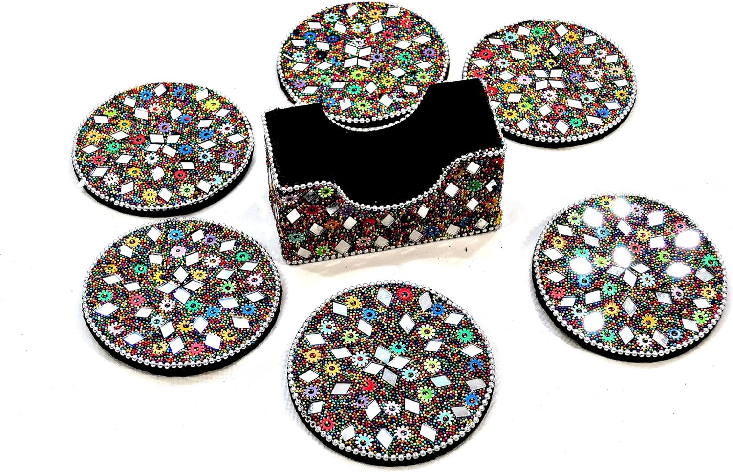 YAPREE Handmade Beaded Coasters in A Matching Holder Set
