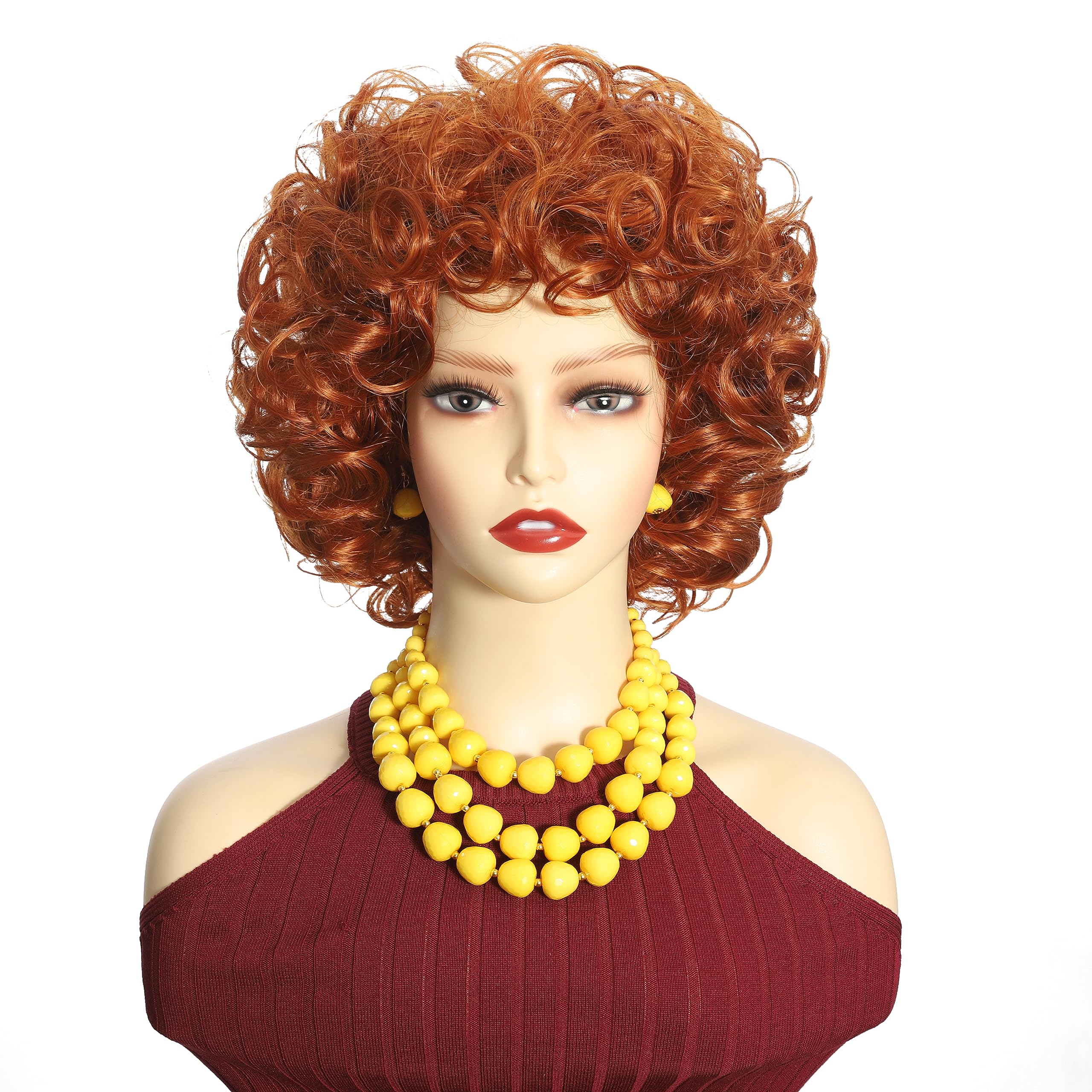 FVCENT Short Curly Orange Red Wig Fluffy Afro Wig With Yellow Beaded Necklaces Earring Set, Reddish Brown Women Party Halloween Cosplay Costume Wig (Auburn)