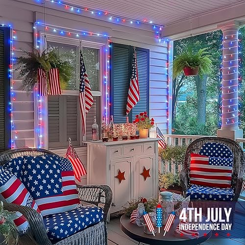Miniatura 2 de JMEXSUSS Decoración del 4 de julio, 100 luces LED para interiores, 33 pies, luces rojas, blancas y azules enchufables, 8 modos patrióticos del 4 de