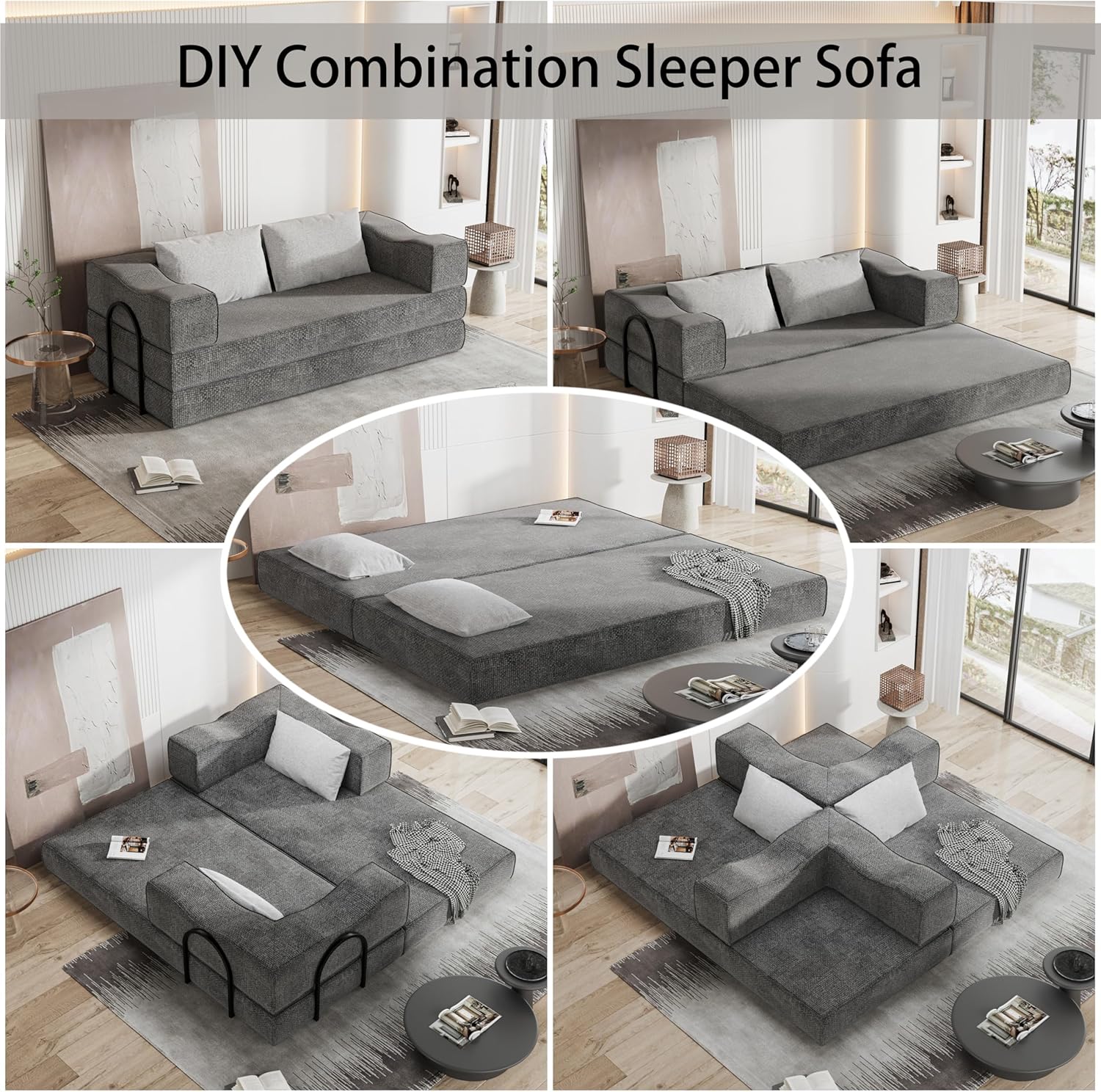 80 King Size Convertible Sofa Bed Sleeper, Foldable Futon Couch with Memory Foam & 2 Pillows, Chenille Fabric Modular Loveseat for Small Spaces, Apartment, Living Room, Studio (Gray, 80in)