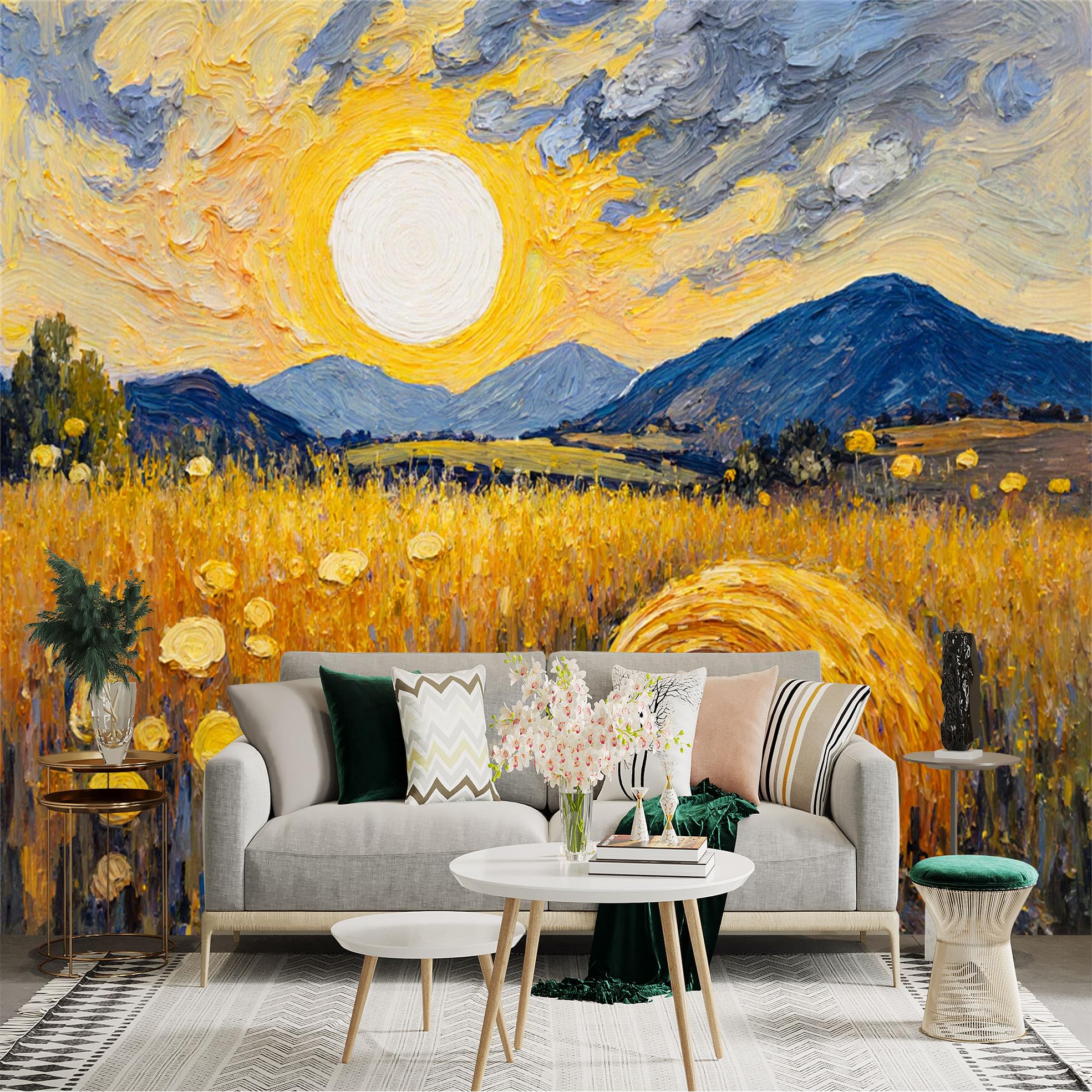 Lnzczhyre Xc260505498 Custom Size Wall Sticker Mural， Impressionist Sunset Landscape， Golden Wheat Field With Hay Bales， Mountain Scenery， For Wall Decoration， Peelandstick Wall Decals.