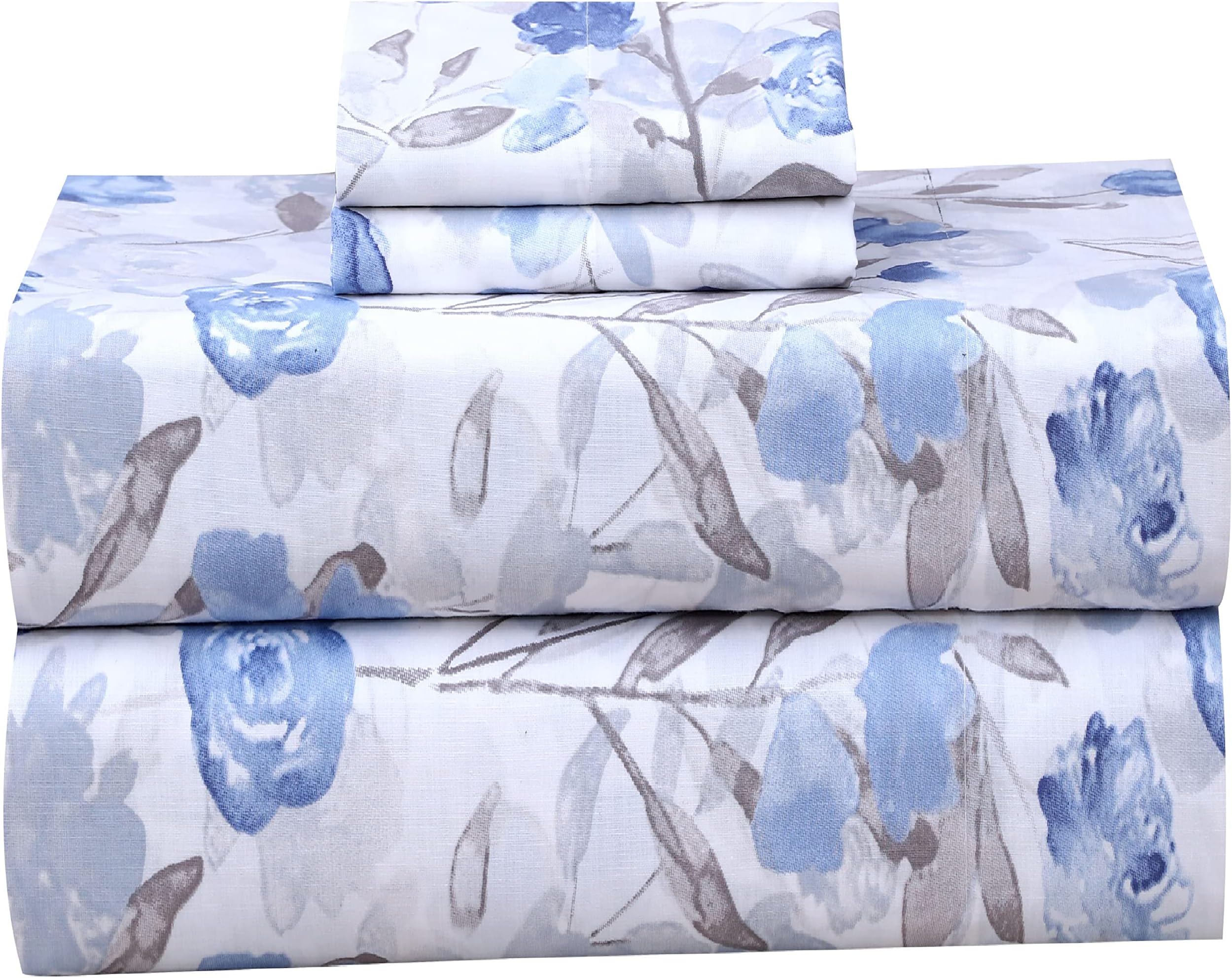 RUVANTI 100% Cotton Full Size Bed Sheets, 4 Pieces, Soft & Breathable Percale Weave Bedding, Deep Pocket 16", Hotel Standard, Crisp Cool Feel, Durable, Perfect Sheet Set Floral, Monotones