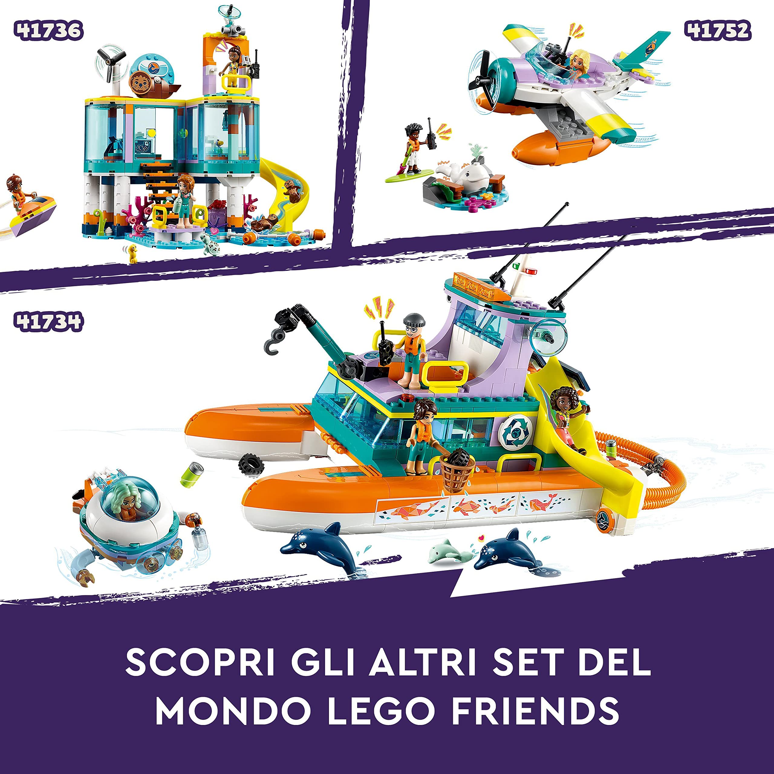 LEGO Friends Catamarano di Salvataggio, Barca Giocattolo con Figure di Animali e Sottomarino, Giochi Creativi per Bambine, Bambini, Ragazze e Ragazzi da 7 Anni, Set Eco-Educativo, Idea Regalo 41734