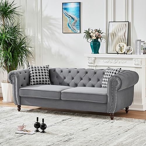 Miniatura 17 de Sofá Air de cuero copetudo para sala de estar, sofá de 3 plazas con brazo enrollado con ribete de cabeza de clavo y 2 almohadas para el cuello, sofá