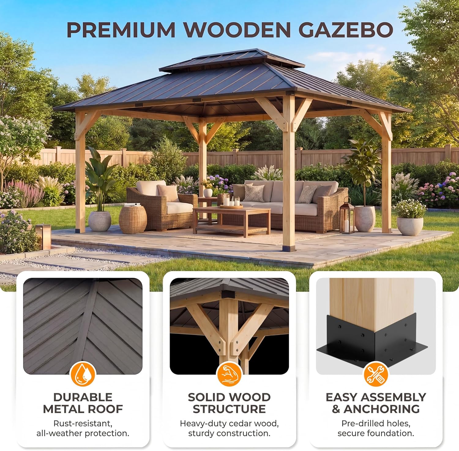 Devoko 12' x 16' Large Cedar Wood Gazebo, Permanent Outdoor Pavilion with Galvanized Steel Double Hardtop, Weather-Resistant Patio Gazebo for Garden, Lawn & Deck, Natural Finish(12‘×16')