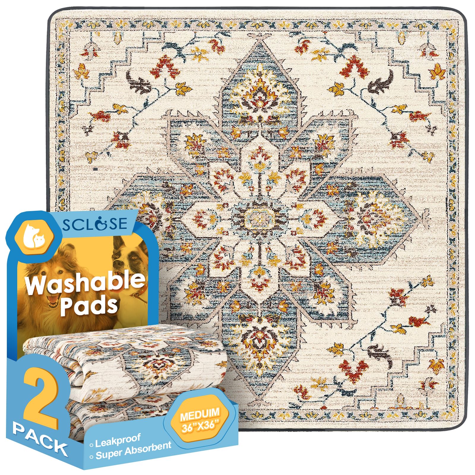 SCLOSE Washable Pee Pad for Dogs 2 Pack, 36" x 36" Reusable Puppy Pads Waterproof Dog Rugs, Super Absorbent, Leakproof, Dog Crate Pad, Playpen Mat, Whelping Pads, White Medallion