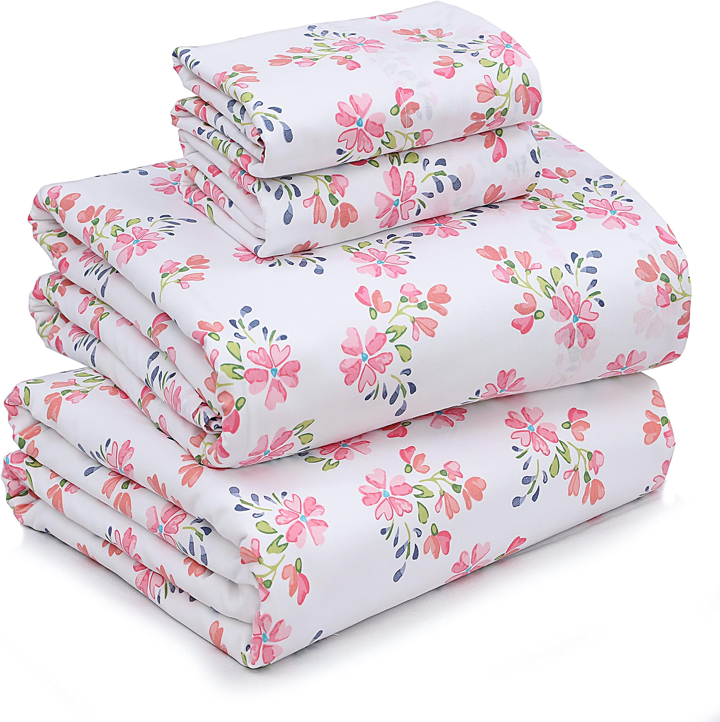 RUVANTI 100% Cotton Sheets – Queen Size Percale Bedding, Cooling & Breathable Floral Design, Durable with a Crisp, Soft & Comfortable Feel, 16" Deep Pocket, 4-Piece Set, Bloomex