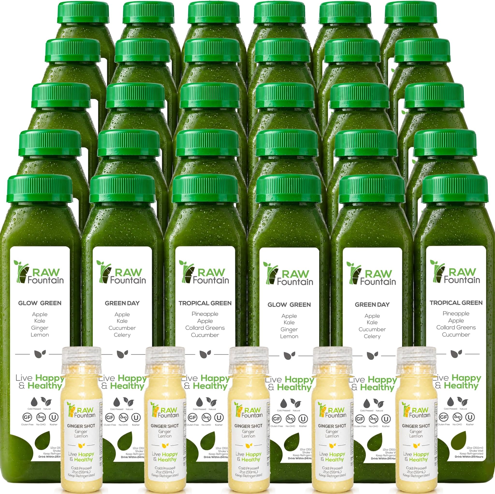 5 Day Green Juice Cleanse by Raw Fountain, All Natural Raw, Vegan Detox, Cold Pressed Juice, Great Way to Detox Your Digestive System, Kosher, Gluten Free, NO Added Sugar, 30 Bottles 12oz, 5 Ginger Shots 2oz