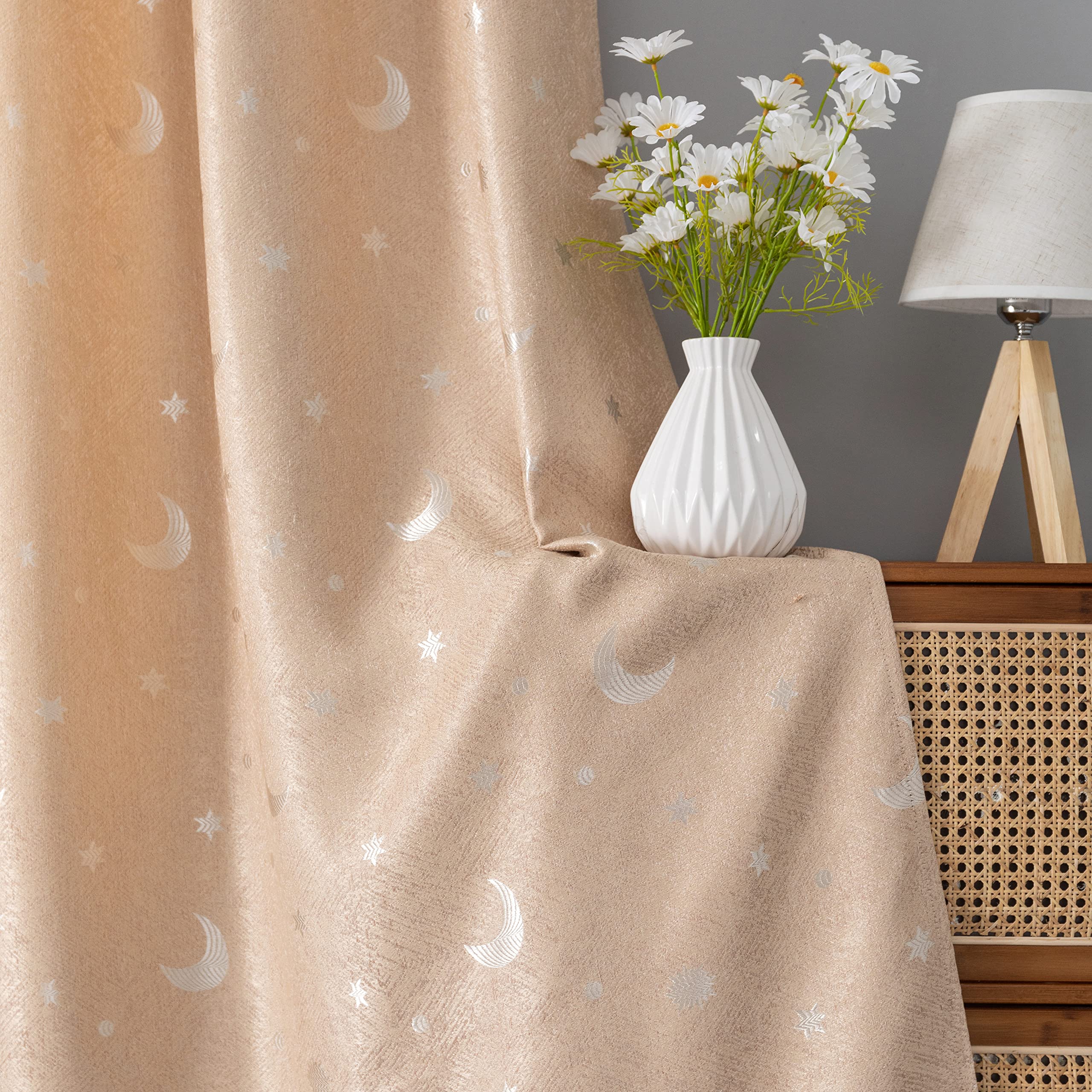 GIRASOLE HOME® Paire de rideaux Jacquard semi-occultants fantaisie Lune et étoiles rideau souple Thermique Isolant pour Chambre Chambre et Intérieur 2 panneaux avec œillets (beige étoiles, 140x275 cm)