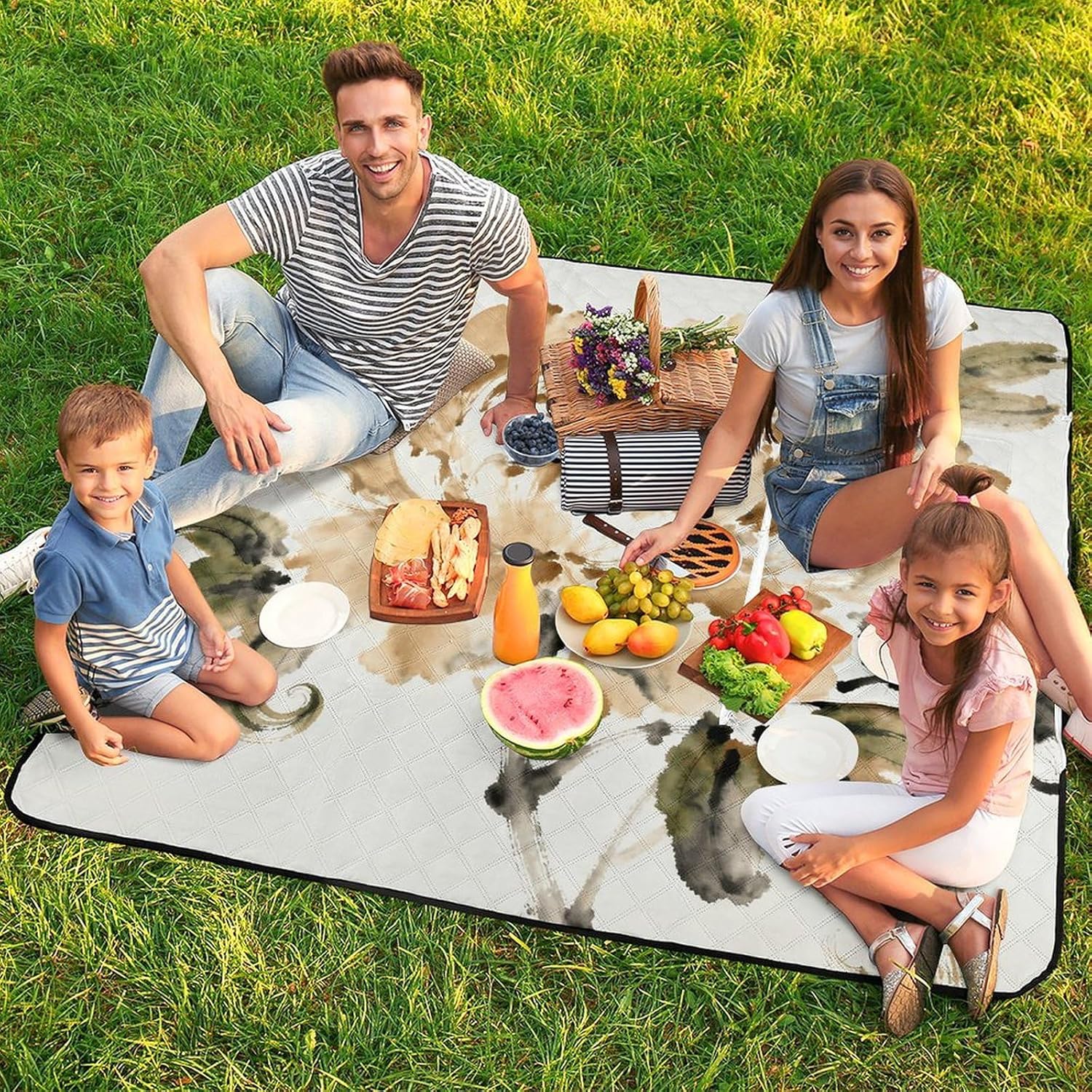 F-Khaki Ink Floral Picnic Blanket with Zipper Water Resistant Sand Free Picnic Mat Washable Foldable Easy Carry Beach Blanket for Lawn Beach Hiking Camping
