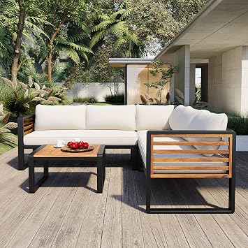 Patio Furniture Set,4-Piece Courtyard Dialogue Set,Metal and Wood Frame Sectional L-Shaped Sofa,Suitable for Porches, Balconies,and Courtyards Beige
