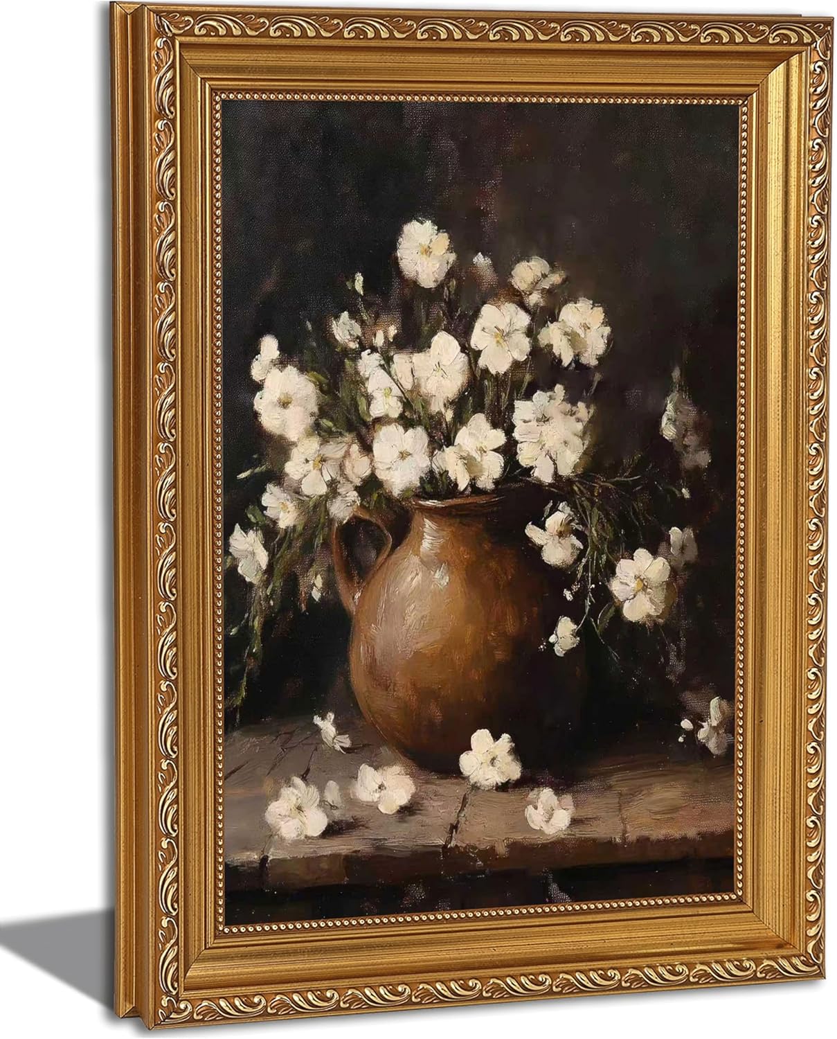 Vintage Gold Frame Wall Art Vintage Floral Still Life Rustic Wall Decor White Flowers in Brown Vase Oil Painting Rustic White Flowers Picture Dark Framed Print 12x16 Inch