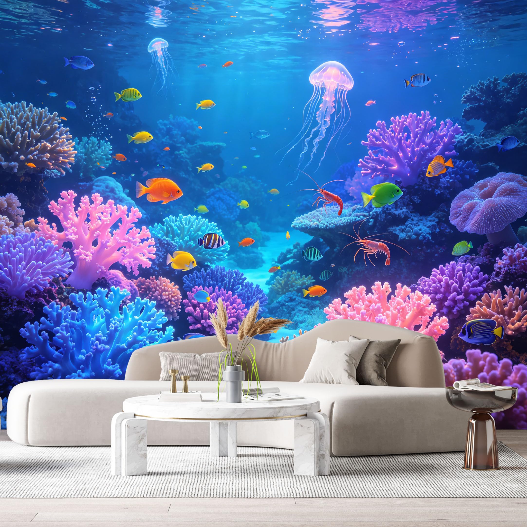 Custom Size Wall Murals Ocean Marine Tropical Coral Reef Jellyfish Vibrant Fish Underwater World SelfAdhesiveWall Fabric Removable Wallpaper Wall Decor for Living Room Bedroom Bathroom