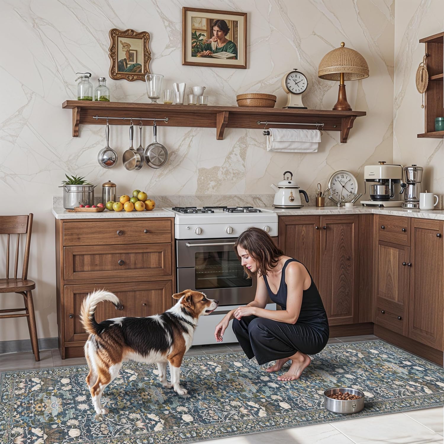 Washable 2x8 Hallway Runner Rug: Vintage Water-Resistant Kitchen Entryway Rug Ultra Soft Living Room Bedroom Carpet Non Slip Indoor Low Pile Floor Mat for Bathroom Dining Room(2x8,Floral/Blue) 2' x 8' (Rectangular) Floral/Blue