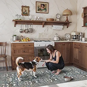Washable 2x8 Hallway Runner Rug: Vintage Water-Resistant Kitchen Entryway Rug Ultra Soft Living Room Bedroom Carpet Non Slip Indoor Low Pile Floor Mat for Bathroom Dining Room(2x8,Floral/Blue)