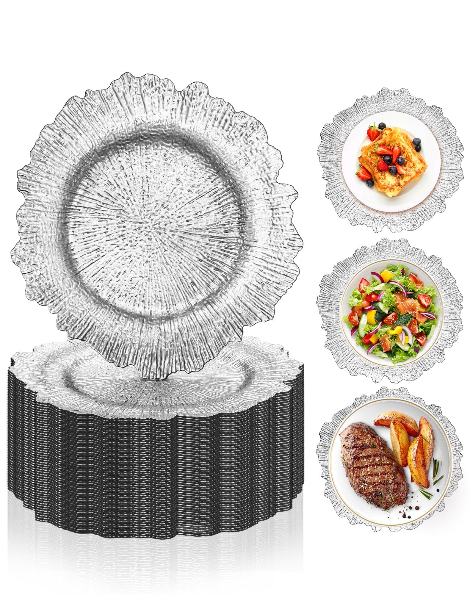 Silver Charger Plates Bulk 100Pcs, 13" Reef Chargers for Wedding