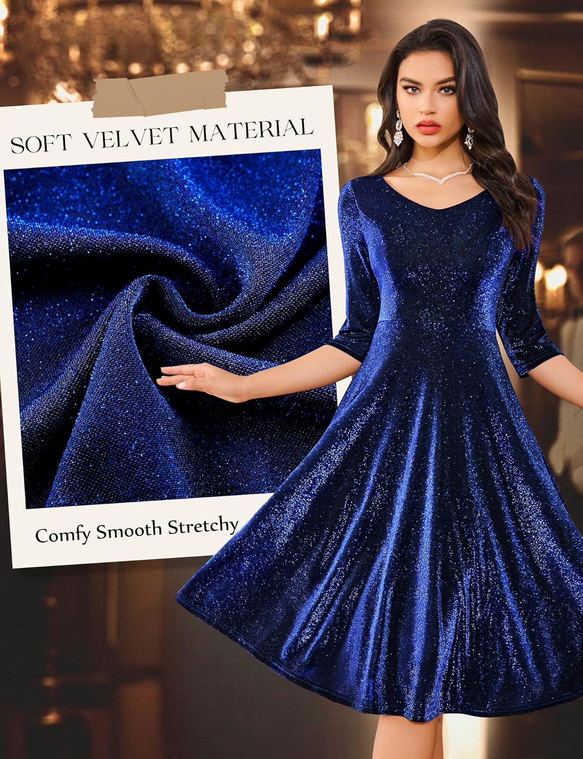 Dressystar Womens Velvet Midi Sequin Cocktail Dress Fall Winter Long Sleeve Formal Wedding Guest Party Dresses with Pocket - Image 3