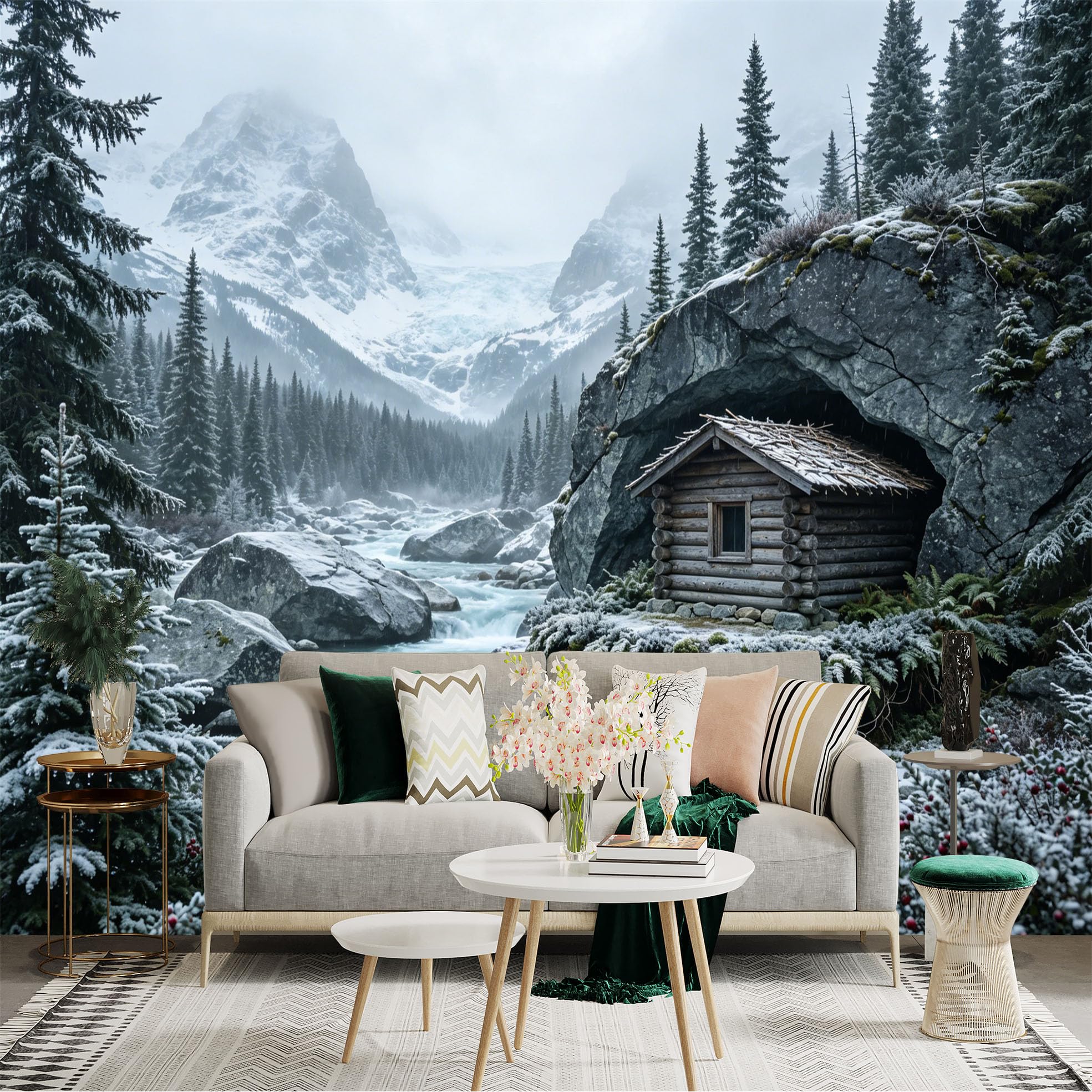 Custom Size Wall Sticker Mural， Winter Mountain Landscape with River， Cabin and Pine Forest， for wall Decoration， peelandstick wall Decals.