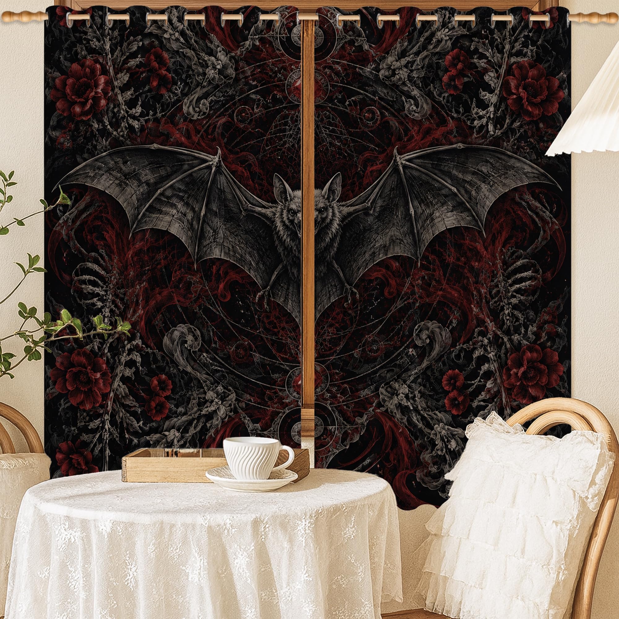 Rideaux occultants gothiques noirs motif chauve-souris et tête de mort pour chambre 132x137cm