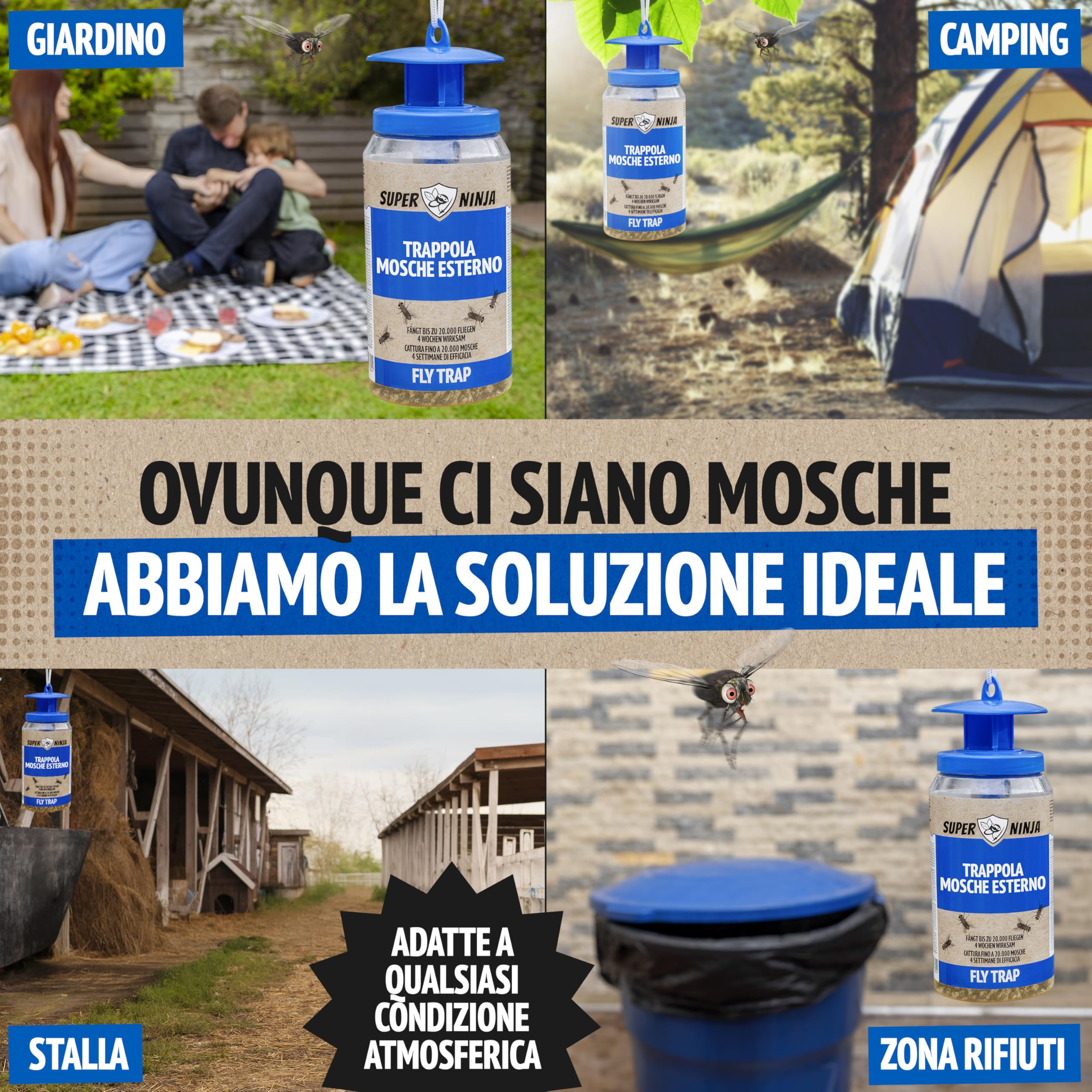 Super Ninja Trappola per Mosche Riutilizzabile Atossico Cattura 20.000 Mosche Durata 4 Settimane
