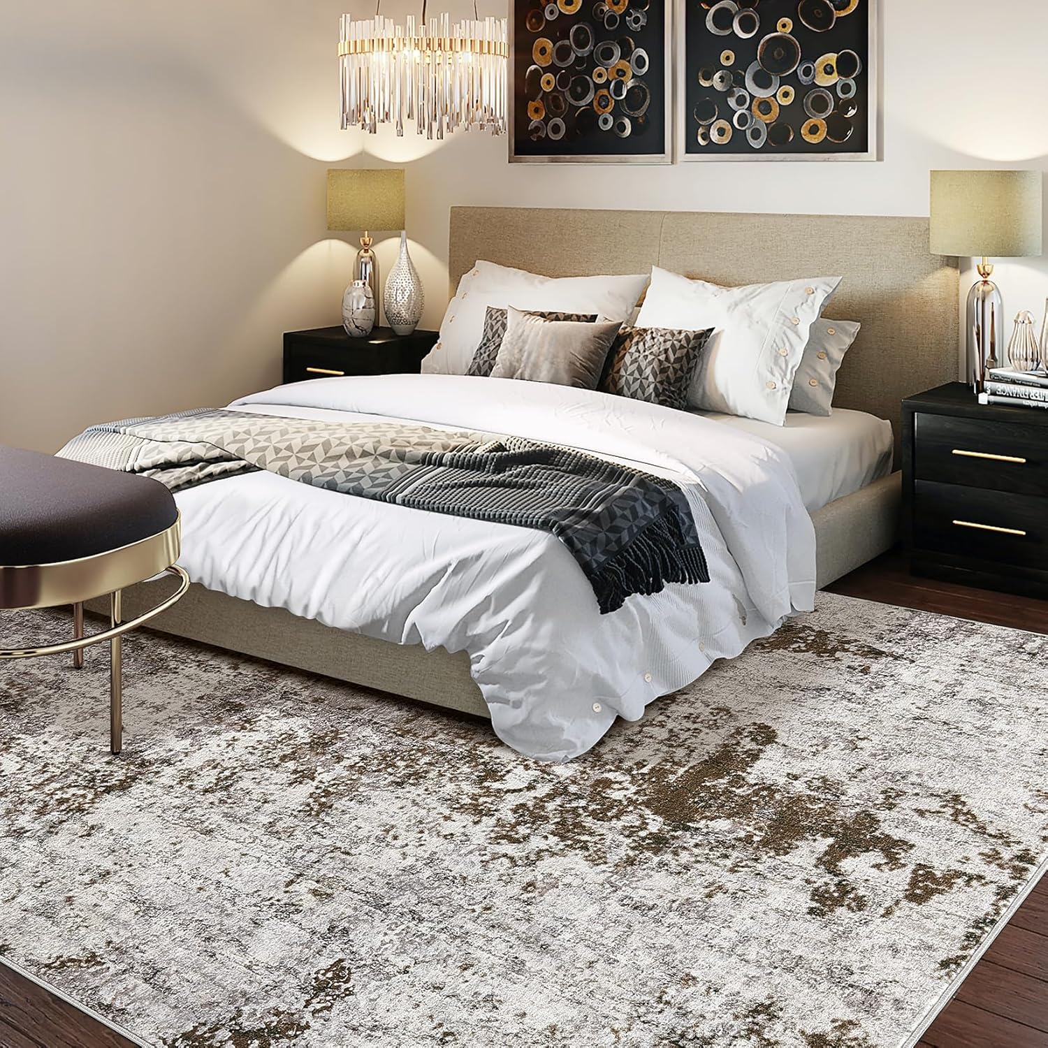 Living Room Area Rugs - 8x10 Washable Abstract Large Soft Indoor Rug Neutral Modern Low Pile Carpet for Bedroom Dining Room Farmhouse Home Office -Dark Brown - Image 3