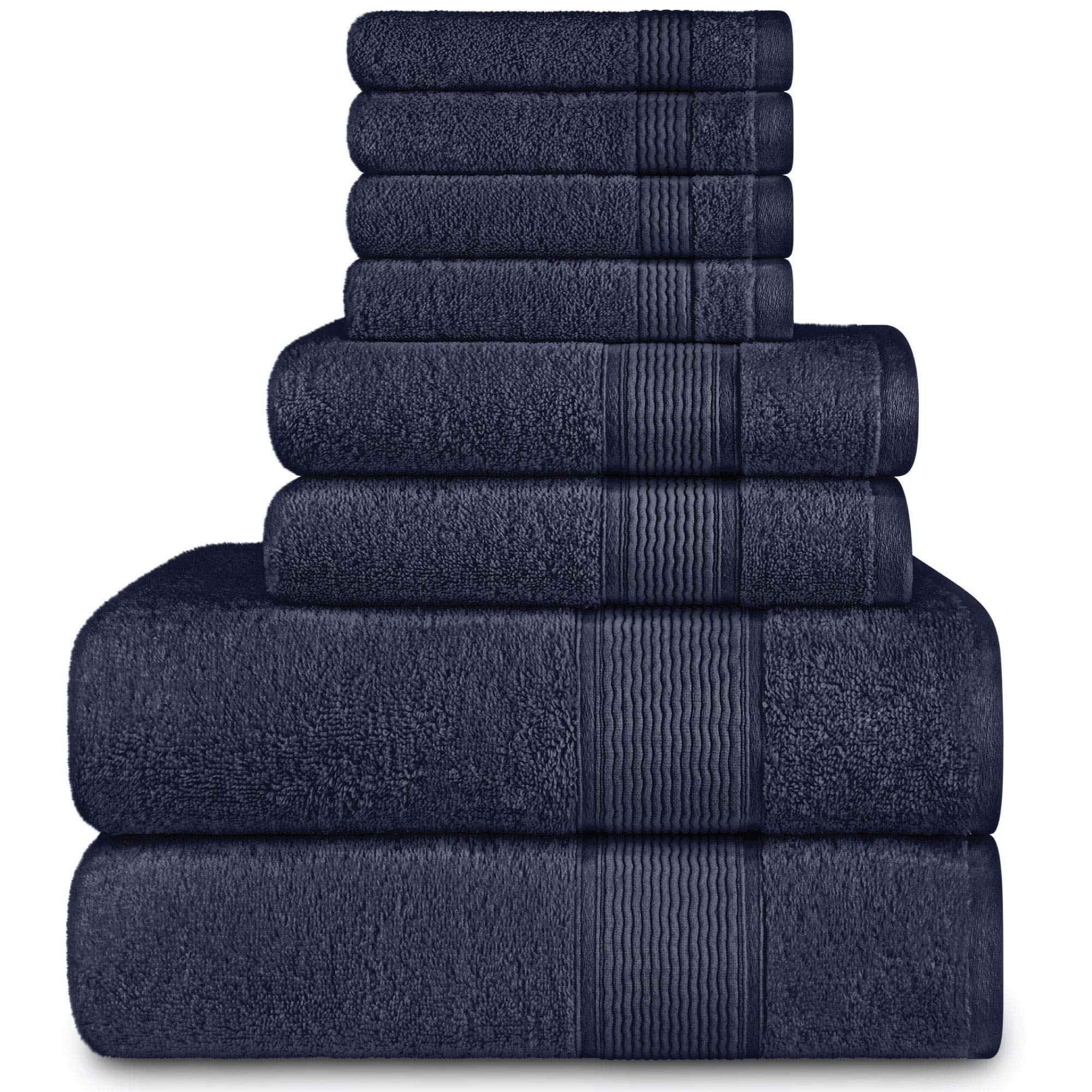 8pcs Premium Turkish Bath Collection Towels, 100% Combed Turkish Cotton, 600 GSM, Super Plush, Ultra Absorbent, Includes 2 Bath Towels, 2 Hand Towels and 4 Washcloths, Navy Blue (Set of 8)