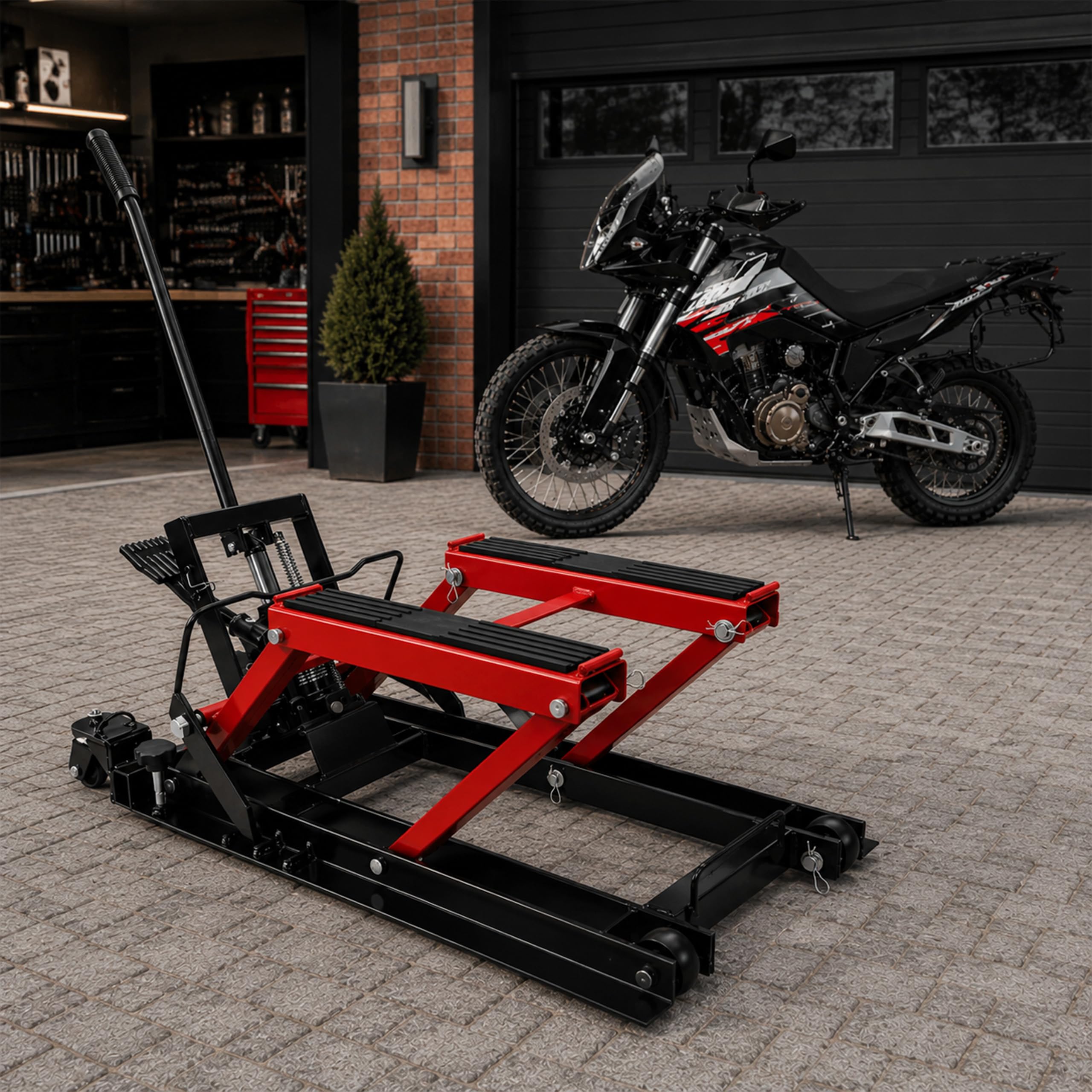 Verda Elevador hidráulico para motocicleta, 680 kg, 120 – 385 mm, para motocicleta, caballete de montaje, caballete para quad, scooter, ATV Garaje SN1755