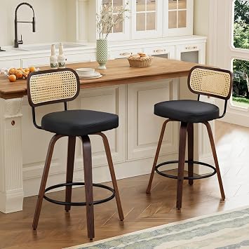 Swivel Bar Stools Set of 2,26" Rattan Counter Height Stools with Cane&Walnut Back,Faux PU Leather Counter Barstools with Bentwood Legs for Island/Kitchen/Counter/Bar,Black