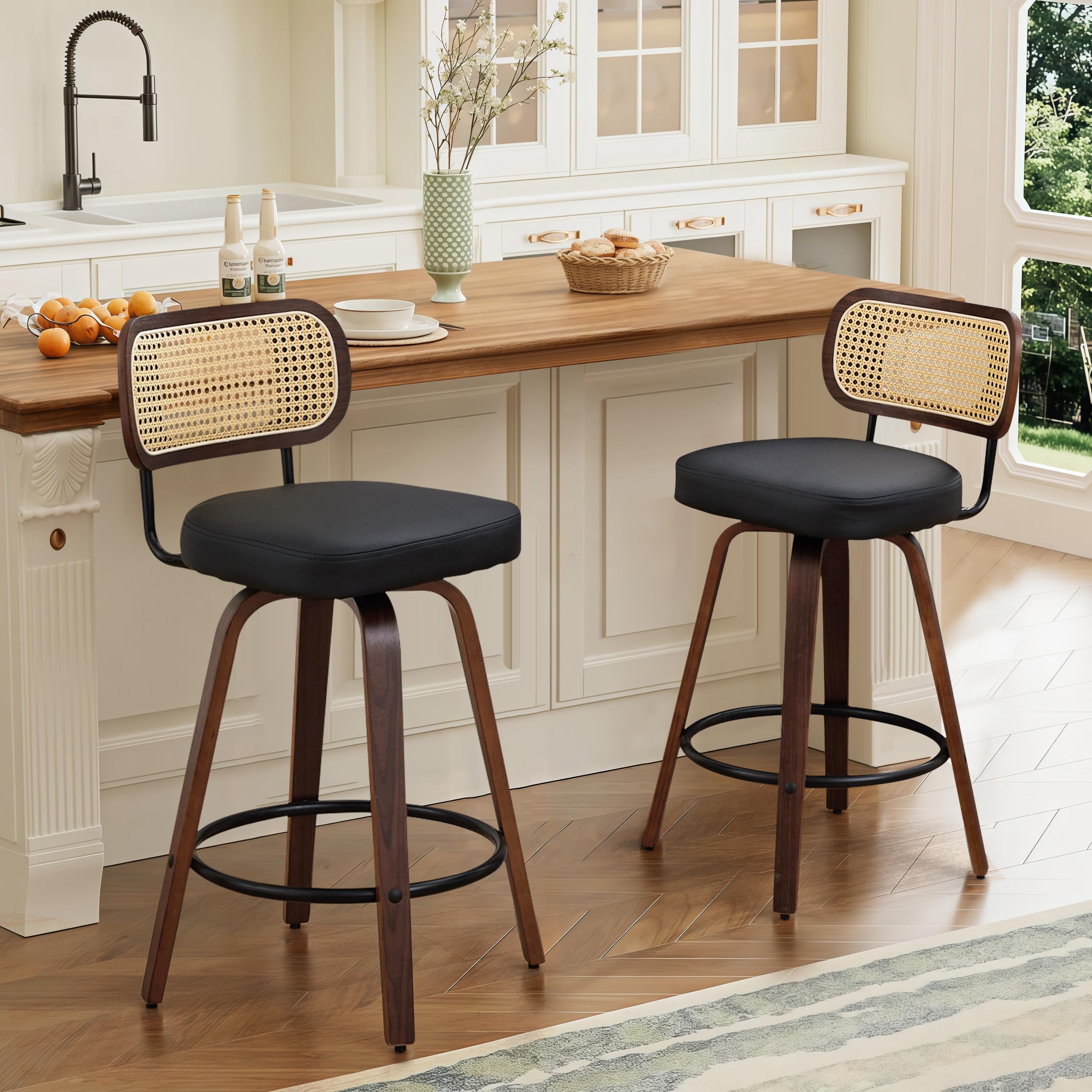 VICBARLEY Swivel Bar Stools Set of 2,26" Rattan Counter Height Stools with Cane&Walnut Back,Faux PU Leather Counter Barstools with Bentwood Legs for