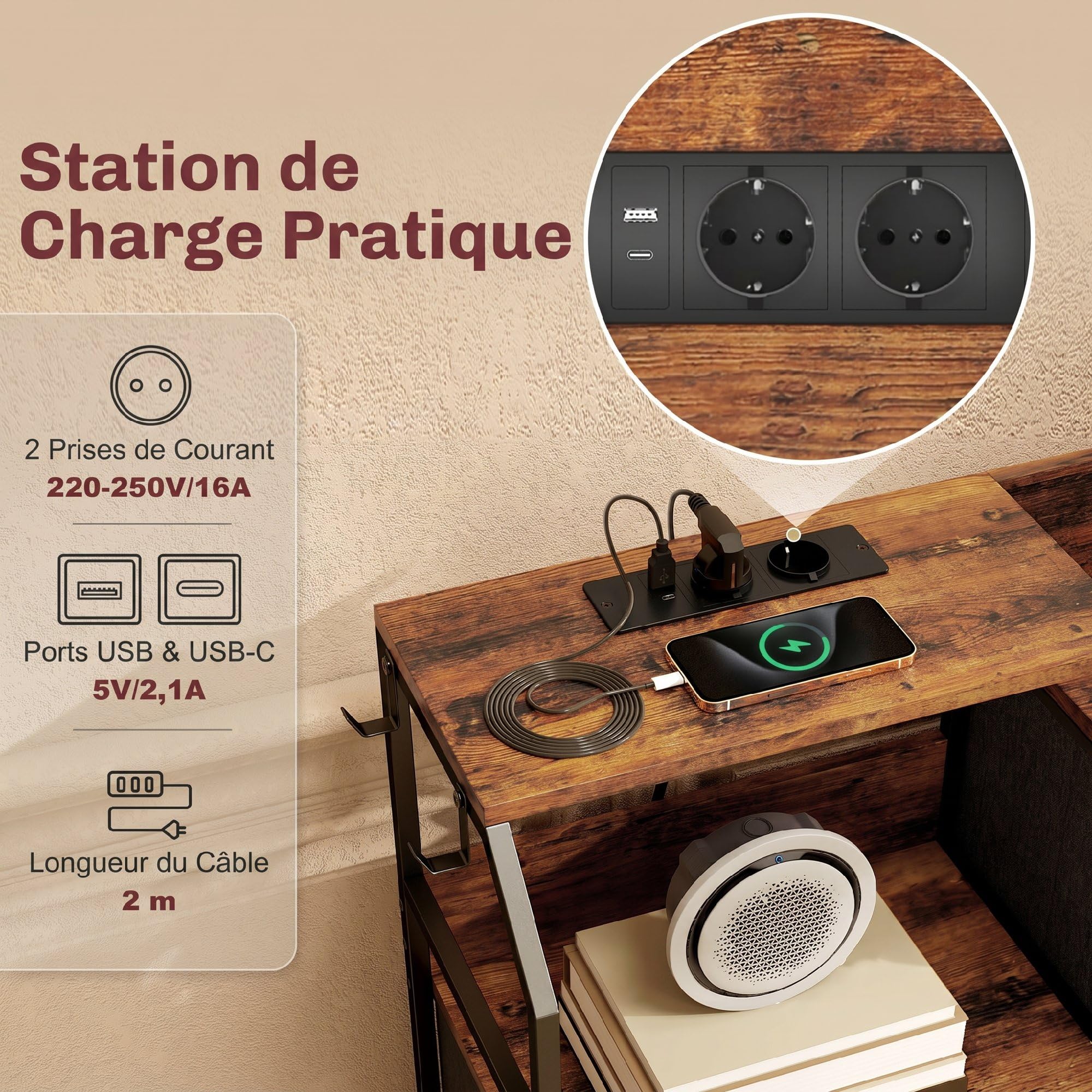 HOMCOM Commode avec Station de Recharge, 8 tiroirs en Tissu Pliables, Commode Chambre, Meuble de Rangement, étagère Ouverte et Crochets, Cadre en Acier, pour Chambre, Salon, Couloir, Marron Rustique | Meuble de Rangement, Étagère Ouverte, Crochets, Cadre