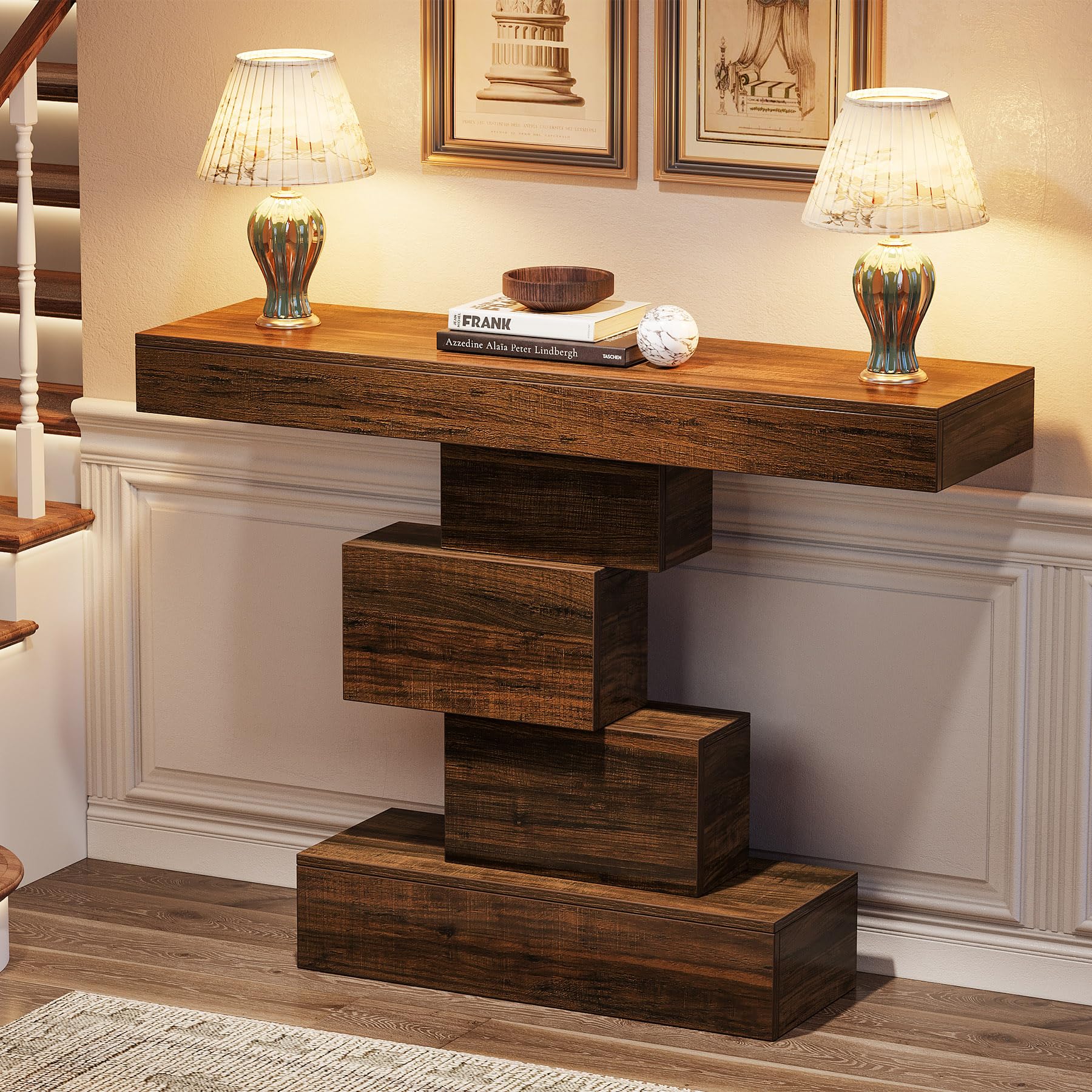 Tribesigns consolle ingresso moderno in Legno, 108x30x80cm, con base dal design accattivante, tavolino stretto in legno, tavolino da divano per soggiorno, corridoio, camera da letto,marrone rustico