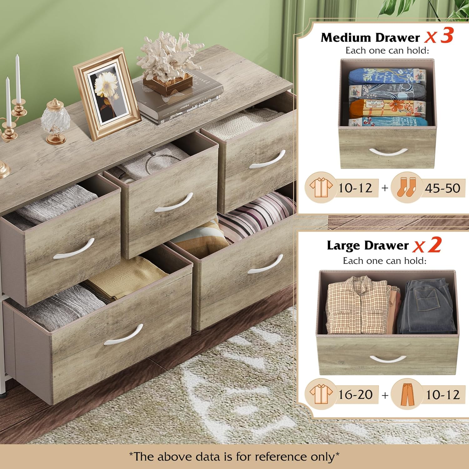 Drawer capacity illustration for WLIVE dresser