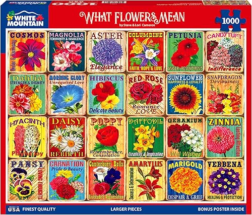 White Mountain What Flowers Mean - Rompecabezas de 1000 piezas con collage artístico único para personas mayores y adultos
