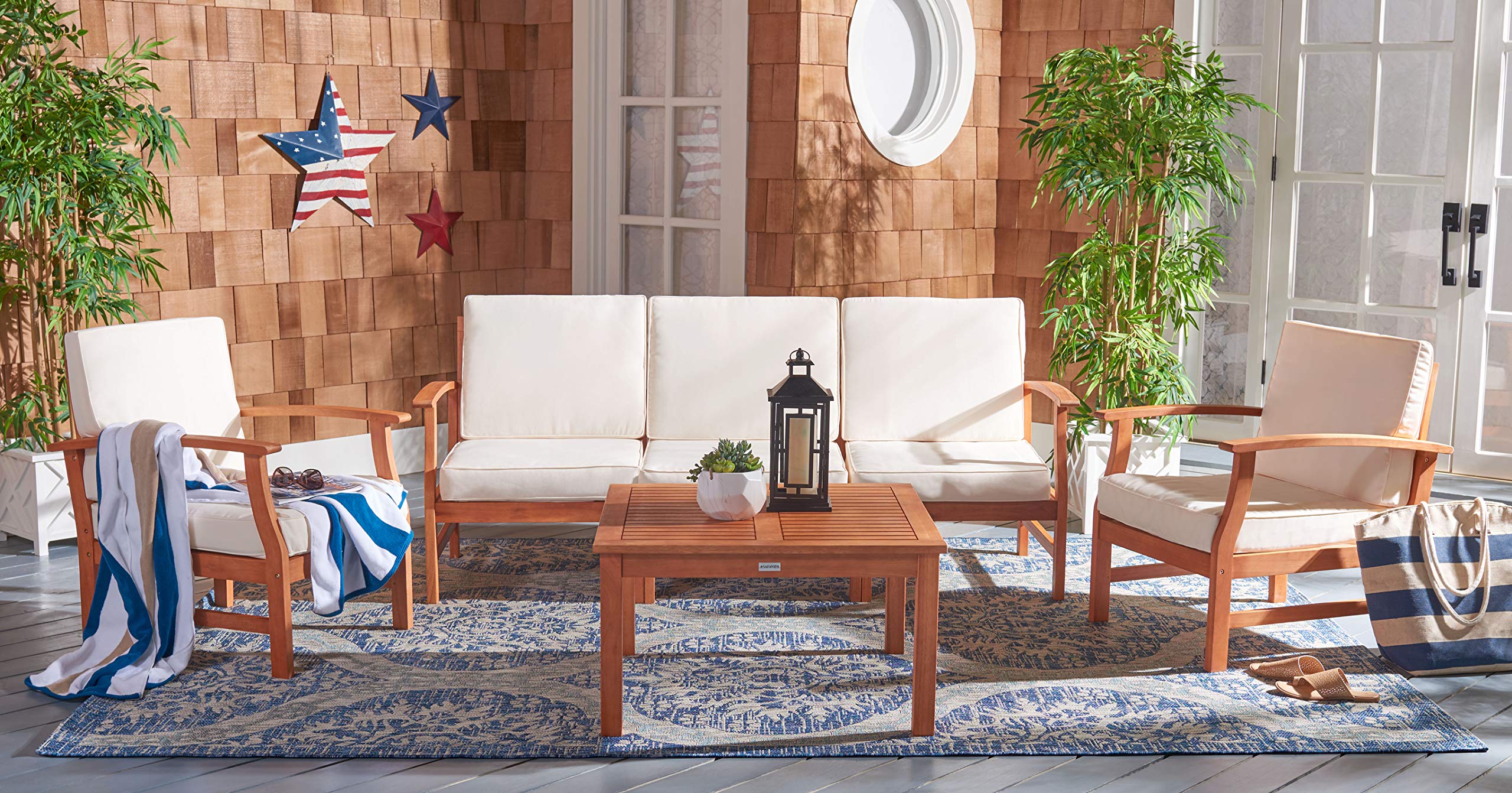 Safavieh PAT7069A Collection Parcer Natural and Beige 4-Piece Patio Outdoor Set