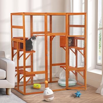 Outdoor Catio Cat Enclosure, Large Wooden Cat House with 6 Jumping Platforms, Scratching Post, 2 Ramps, Waterproof Roof, Cat Cage Window Access for 2-3 Kittens, 99" H, Orange