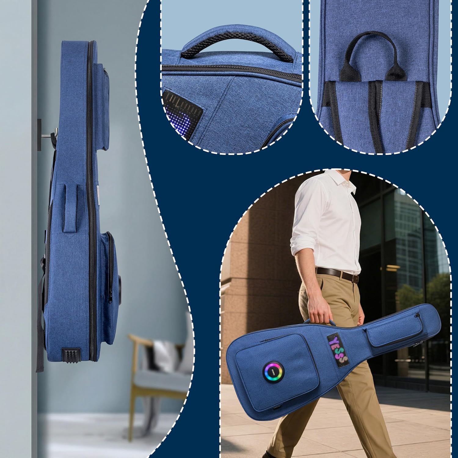 40/41/42" Smart Acoustic Guitar Gig Bag, 0.7" Thick Protective Padding, Water Resistant Soft Guitar Backpack Case with App-Controlled LED Display, Bluetooth Speakers & Sponge Neck Cradle