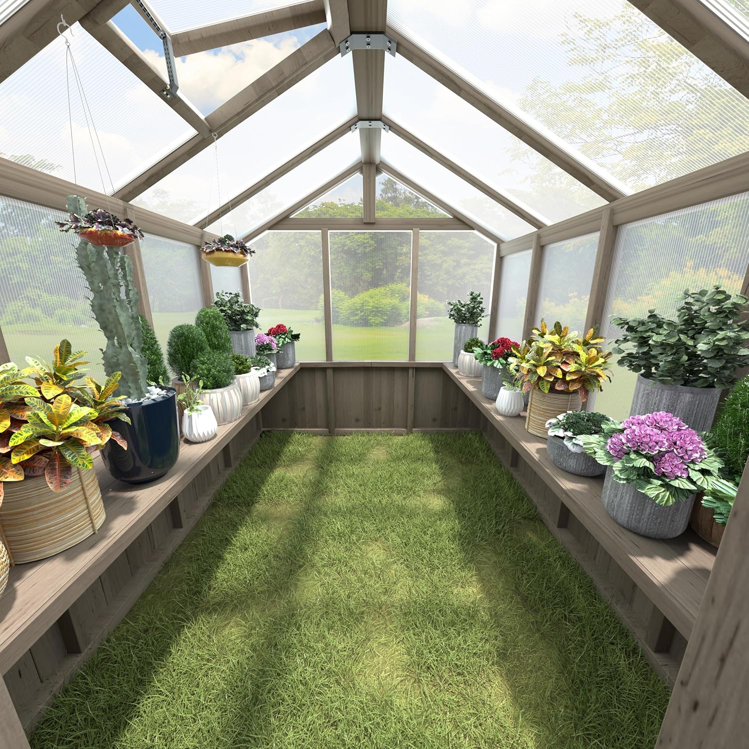 Shelf Suitable for 10FT Wood Greenhouse, 114" Wooden Storage Shelf Kit Fit Multiple Greenhouse , Horticulture Workstation, Work Bench System Shelving, Light Mocha Brown, 2 Pack