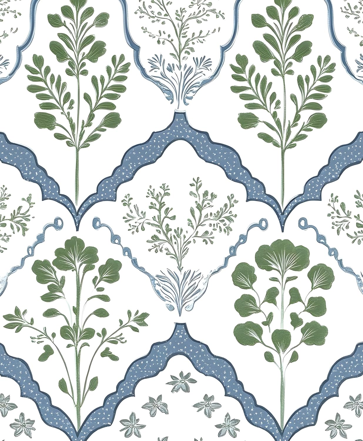 Vintage Wallpaper Peel and Stick, White/Green/Blue Geometric Floral Contact Paper, Minimalist Botanical Wall Paper Self Adhesive Removable Waterproof for Room Shelf Cabinet Drawer Table 17.5" x 118"