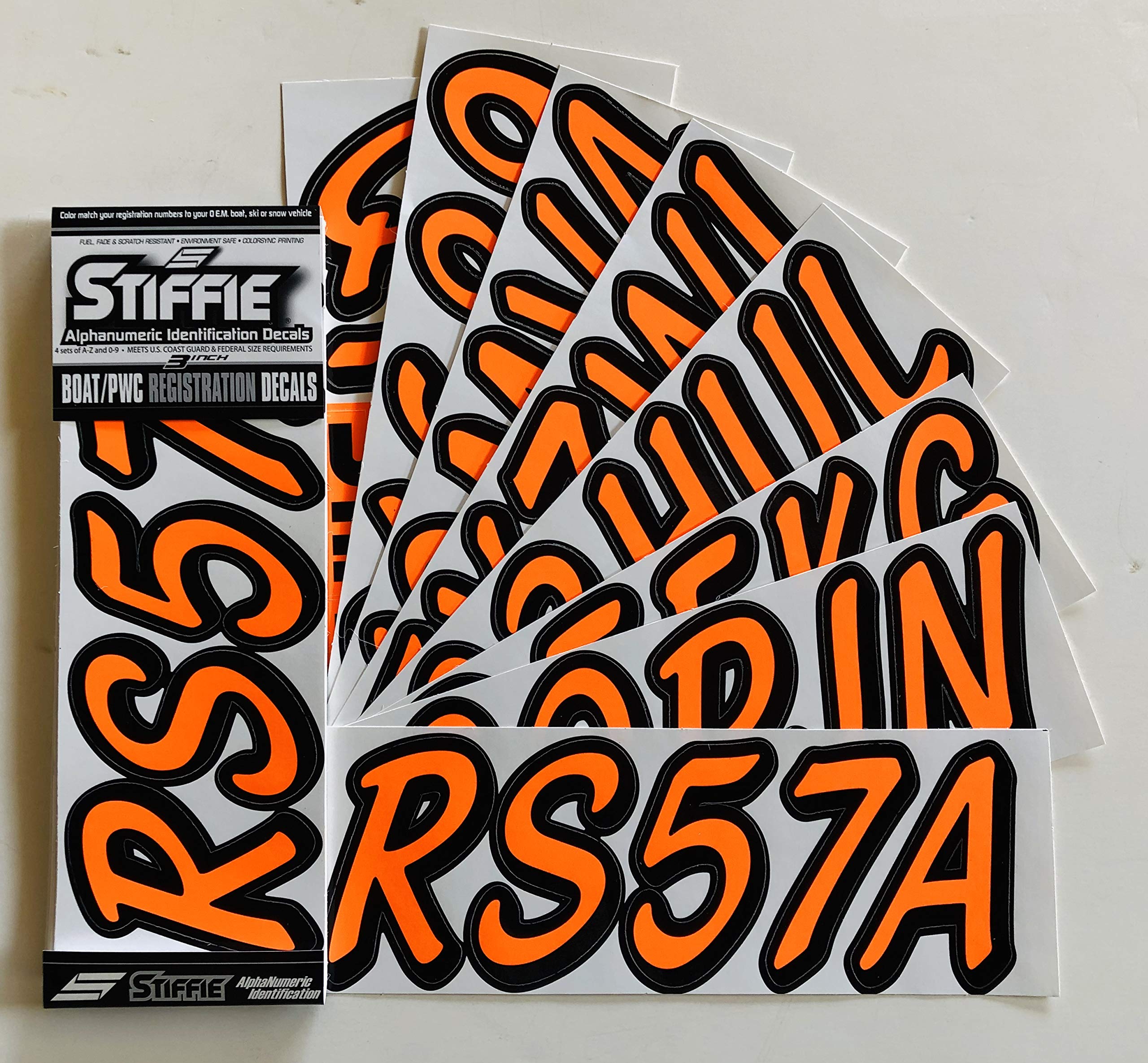 Stiffie Whipline Solid Electric Orange/Black 3" Alpha-Numeric Registration Identification Numbers Stickers Decals for Boats & Personal Watercraft