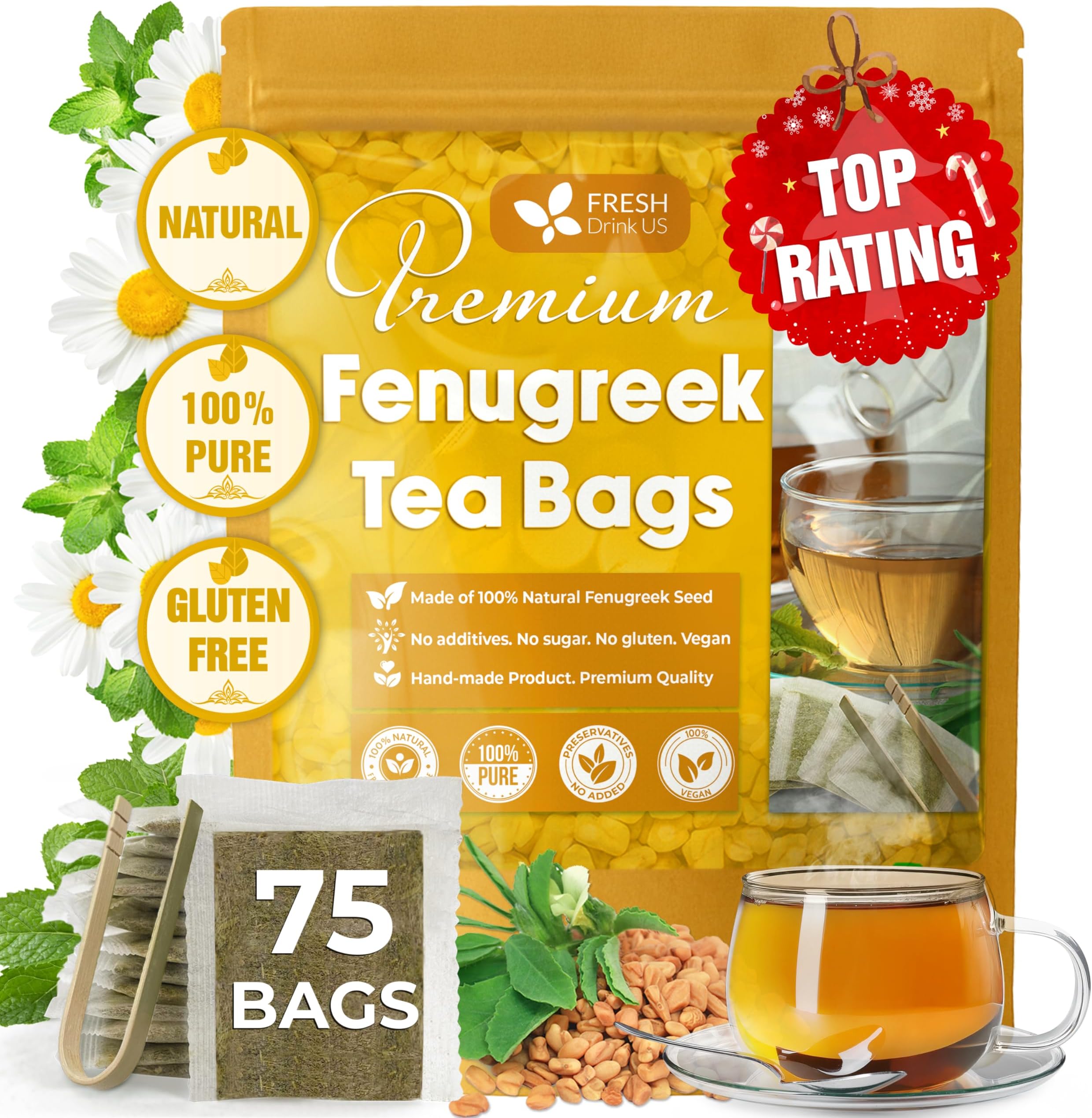 FRESHDRINKUS Fenugreek Herbal Tea, 75 Tea Bags, 100% Natural & Pure Fenugreek, No Sugar, No Caffeine, No Gluten, Vegan